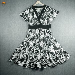 Dressbarn Collection A-Line Dress Black White Print Surplice Neck Women's 14W